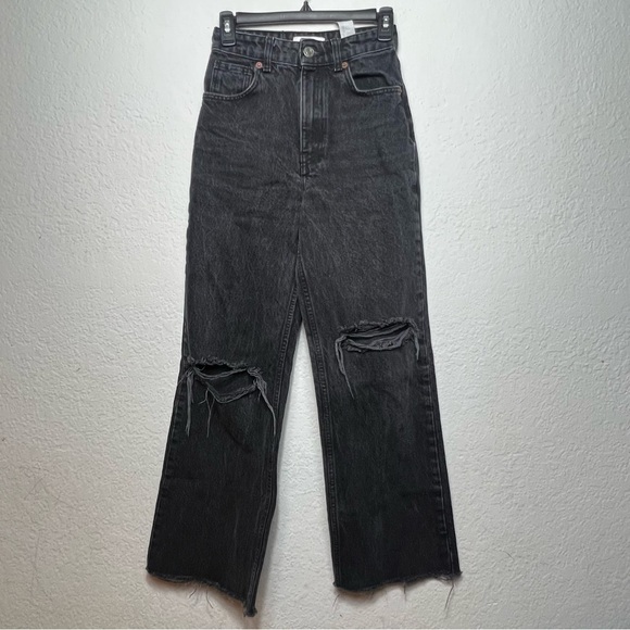 Zara High Waisted Distressed Ripped Knee Wide Leg Full Length Jeans In Black - Picture 1 of 11